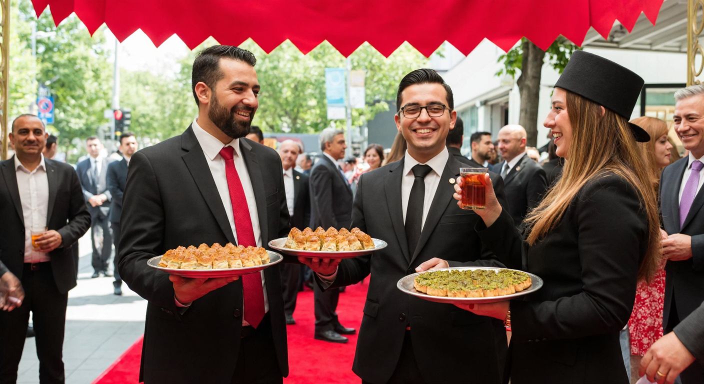 A vibrant Turkish grand opening scene with smiling hosts in formal attire offering trays of baklava and Turkish tea to warmly dressed guests under a red ribbon-cutting banner.