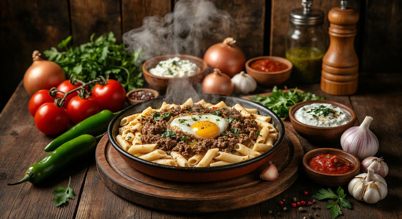 A rustic wooden table in a cozy Turkish kitchen holds a steaming plate of kıymalı makarna, a golden-yolked çılbır with garlic yogurt, and crispy sarımsaklı ekmek, surrounded by fresh ingredients like tomatoes, onions, and green peppers.