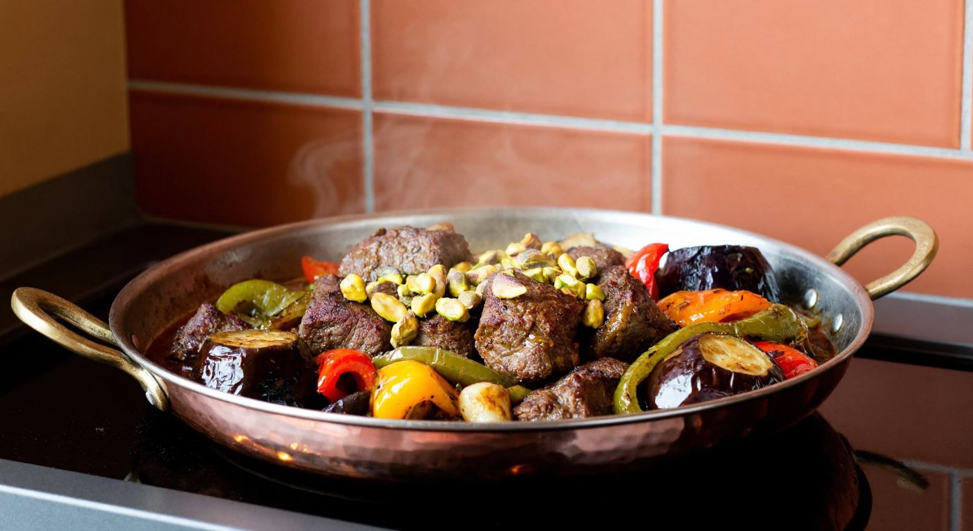 A sizzling copper pan filled with richly spiced vali kebab, featuring tender chunks of meat, roasted eggplant, vibrant peppers, and scattered pistachios, steaming against a backdrop of a traditional Turkish kitchen with warm terracotta tiles.