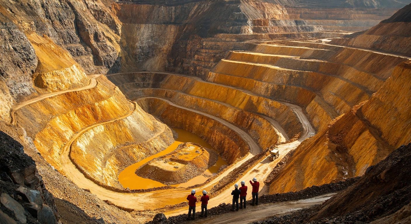 A vast, sunlit gold mine in China's Hunan province, with deep, terraced excavation layers stretching into the earth, glimmering veins of gold ore visible in the rocky walls, and a group of awestruck geologists in hard hats examining samples.