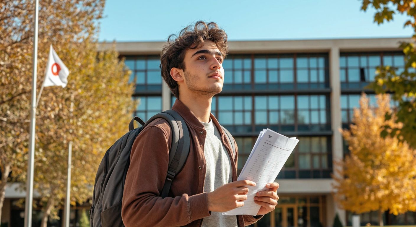 A young student in Turkey, wearing a backpack and holding a stack of application papers, stands outside a university building with a determined expression, while a calendar page flutters in the wind nearby.