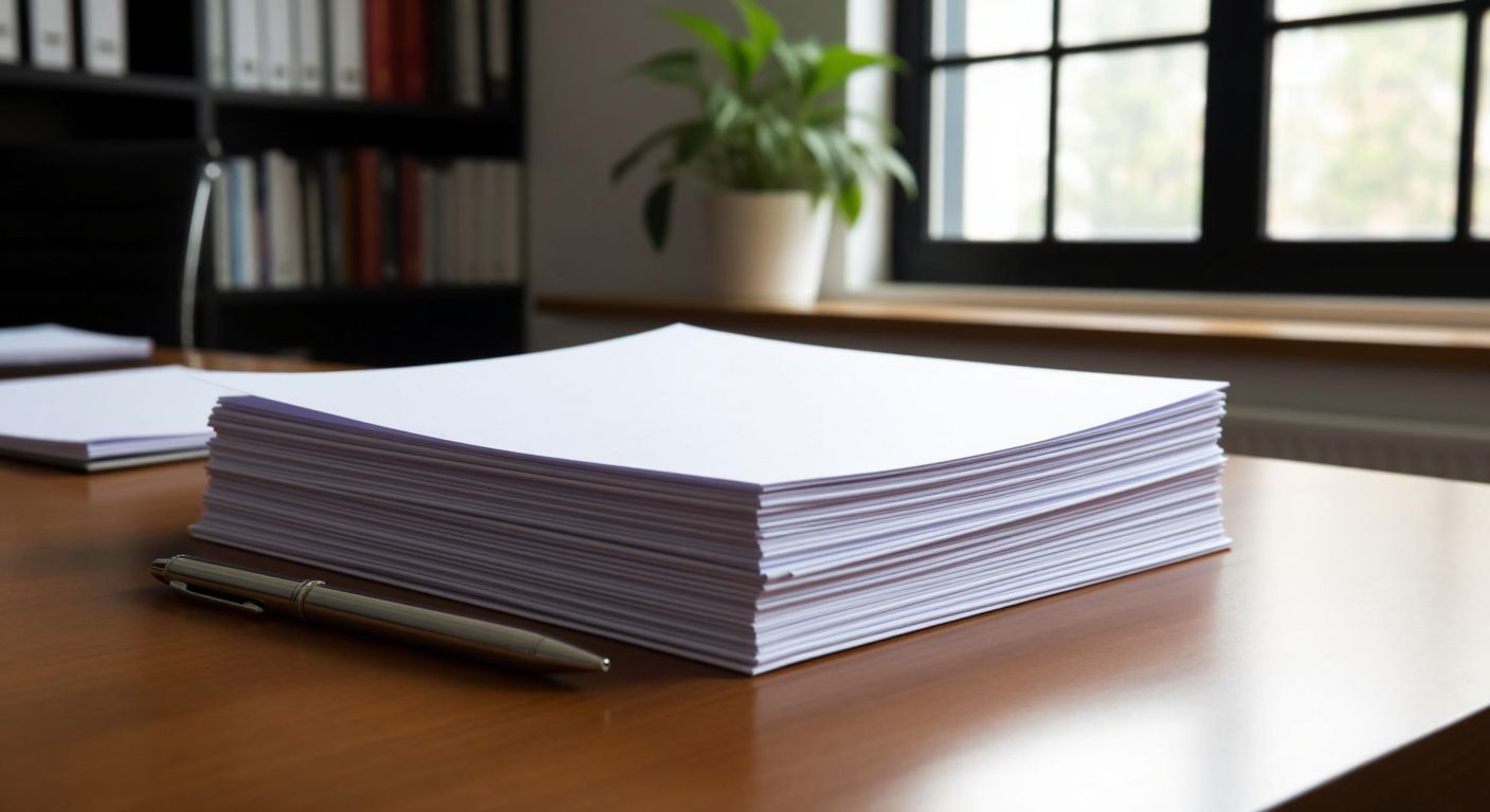 A neatly stacked pile of blank A4 and A5-sized papers on a wooden desk in a Turkish office, with a pen resting beside them, ready for writing a formal report.