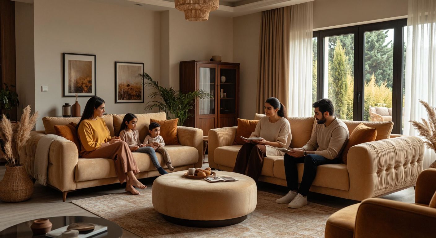 A cozy living room in Turkey with a plush puffy sofa set in warm beige tones, where a family sits comfortably while one person examines the fabric closely with a skeptical expression.