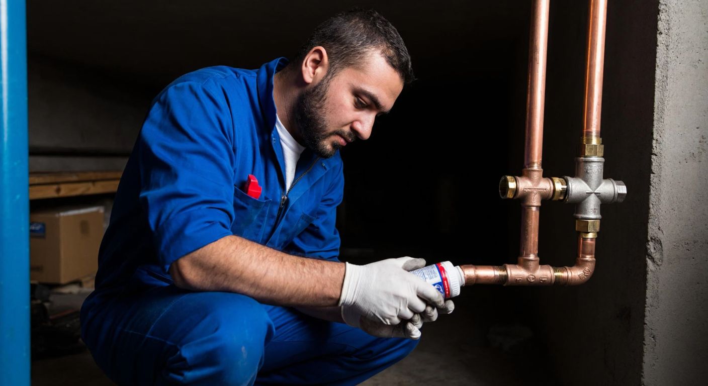 A Turkish plumber in a blue work uniform carefully applies a thick, white sealing paste onto the threaded joints of a copper gas pipe in a dimly lit basement workshop.