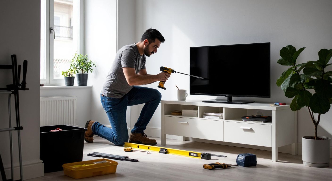 A focused Turkish man in a casual outfit carefully drills into a white wall while holding a level, with an IKEA Brimnes TV stand and tools neatly laid out on the floor beside him.