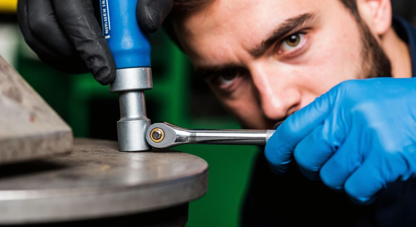 A close-up of a mechanic’s gloved hand using a torque wrench to tighten a bolt on a metal surface, with focused eyes and a furrowed brow indicating concentration.