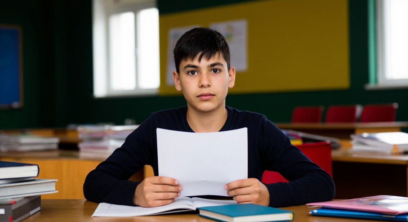 A focused young student in a Turkish classroom, surrounded by books and study materials, looks determined while holding a test paper with a hopeful expression.