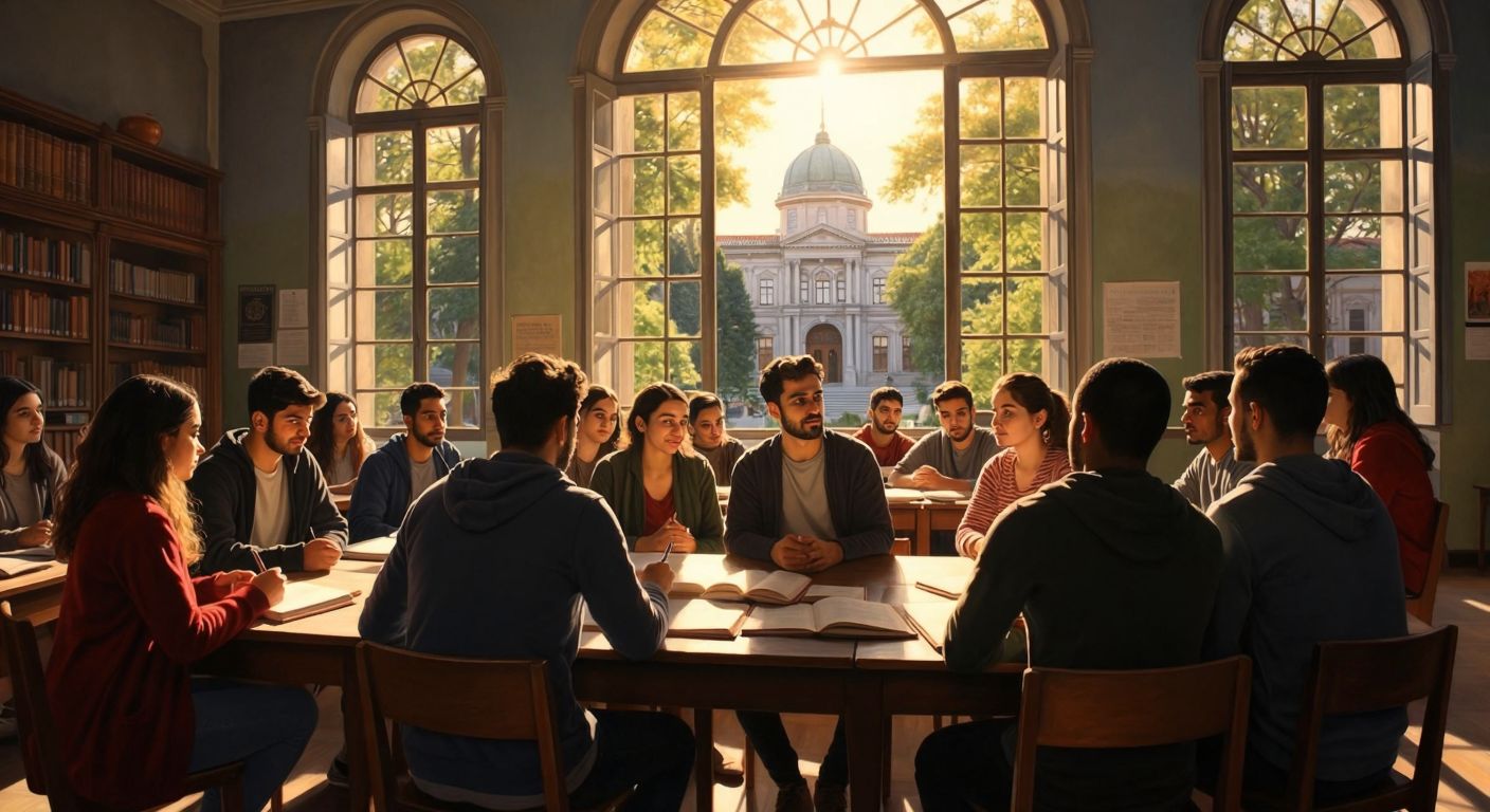 A group of diverse students sitting in a sunlit university classroom in Istanbul, attentively listening to a professor pointing at an English literature book, with the iconic İÜ campus gates visible through the window.