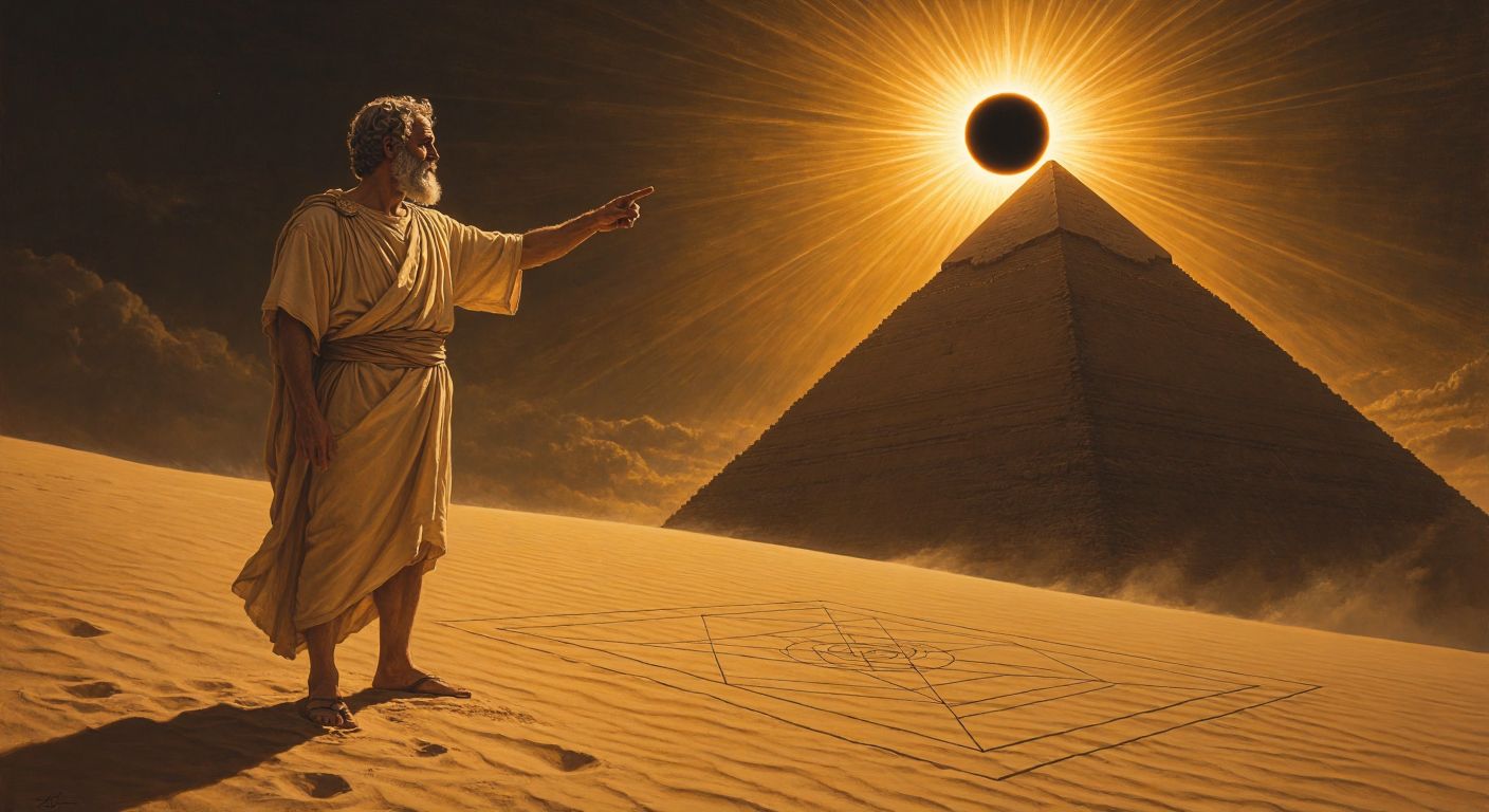 An ancient Greek philosopher stands on a sunlit hill, pointing at a geometric diagram in the sand while a solar eclipse looms overhead and a pyramid’s shadow stretches behind him.