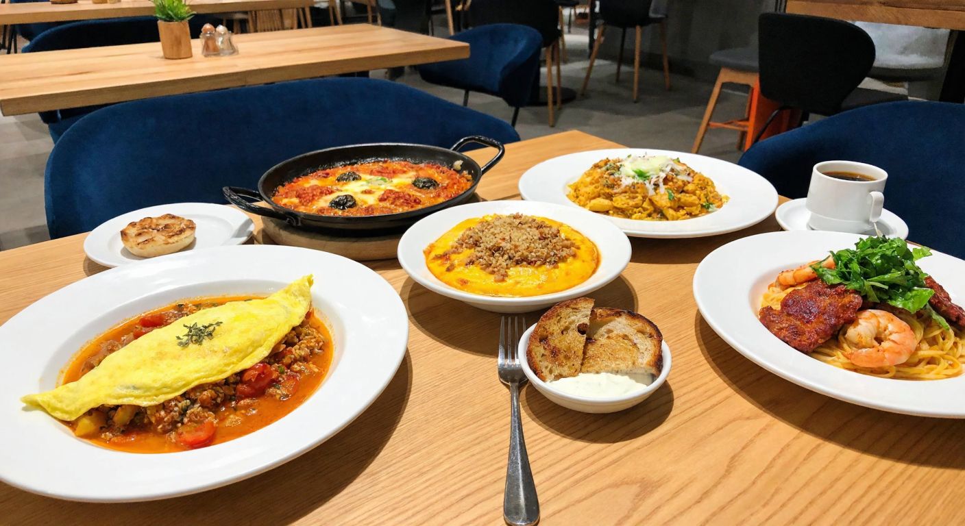 A cozy, modern café in Istanbul with a wooden table set with a colorful spread of menemen, granola, and a Spanish omelet, alongside a plate of lemon shrimp linguini and çökertme kebab, evoking warmth and culinary delight.