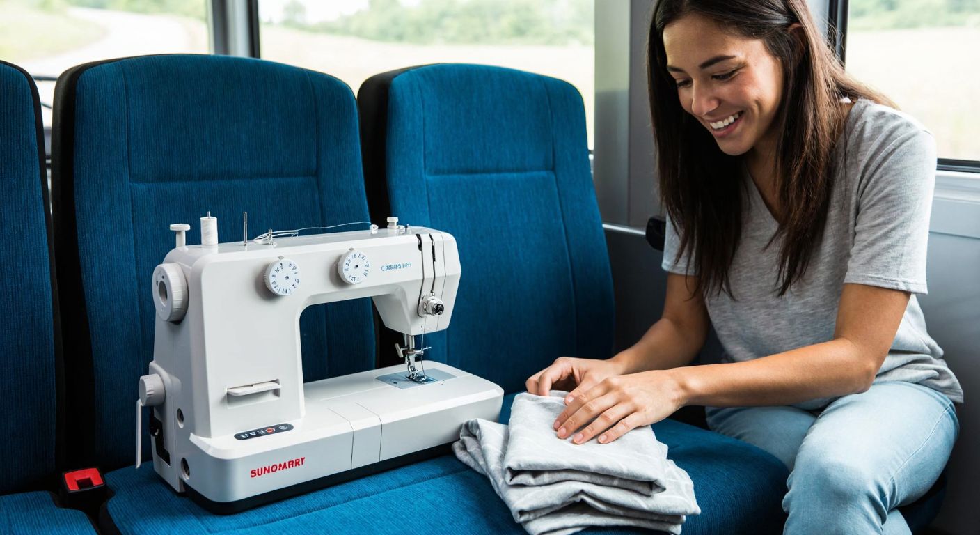 A compact, portable sewing machine sits on a bus seat next to a neatly folded fabric, with a smiling woman in casual attire carefully adjusting the thread.