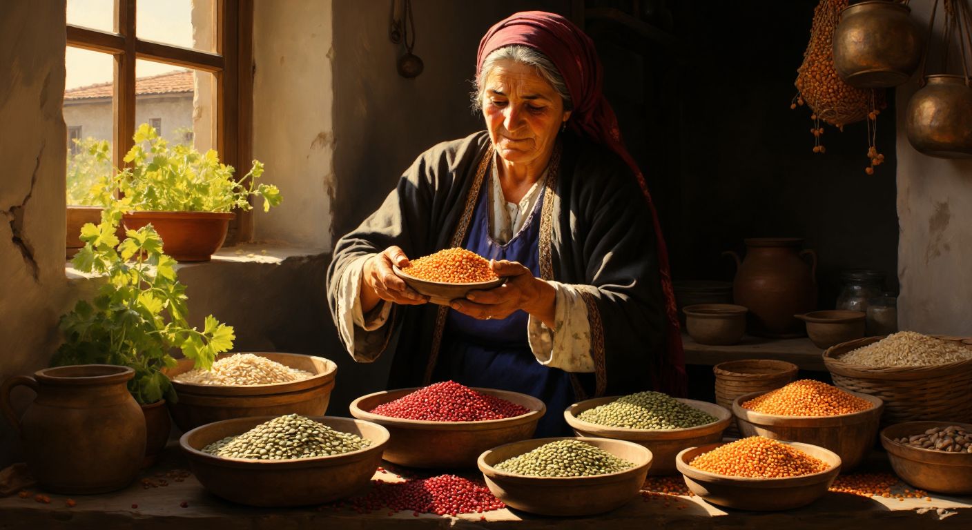 A weathered Turkish woman in a sunlit kitchen carefully holds a handful of golden lentils over a traditional copper scale, surrounded by small piles of red, green, and black lentils in woven baskets.