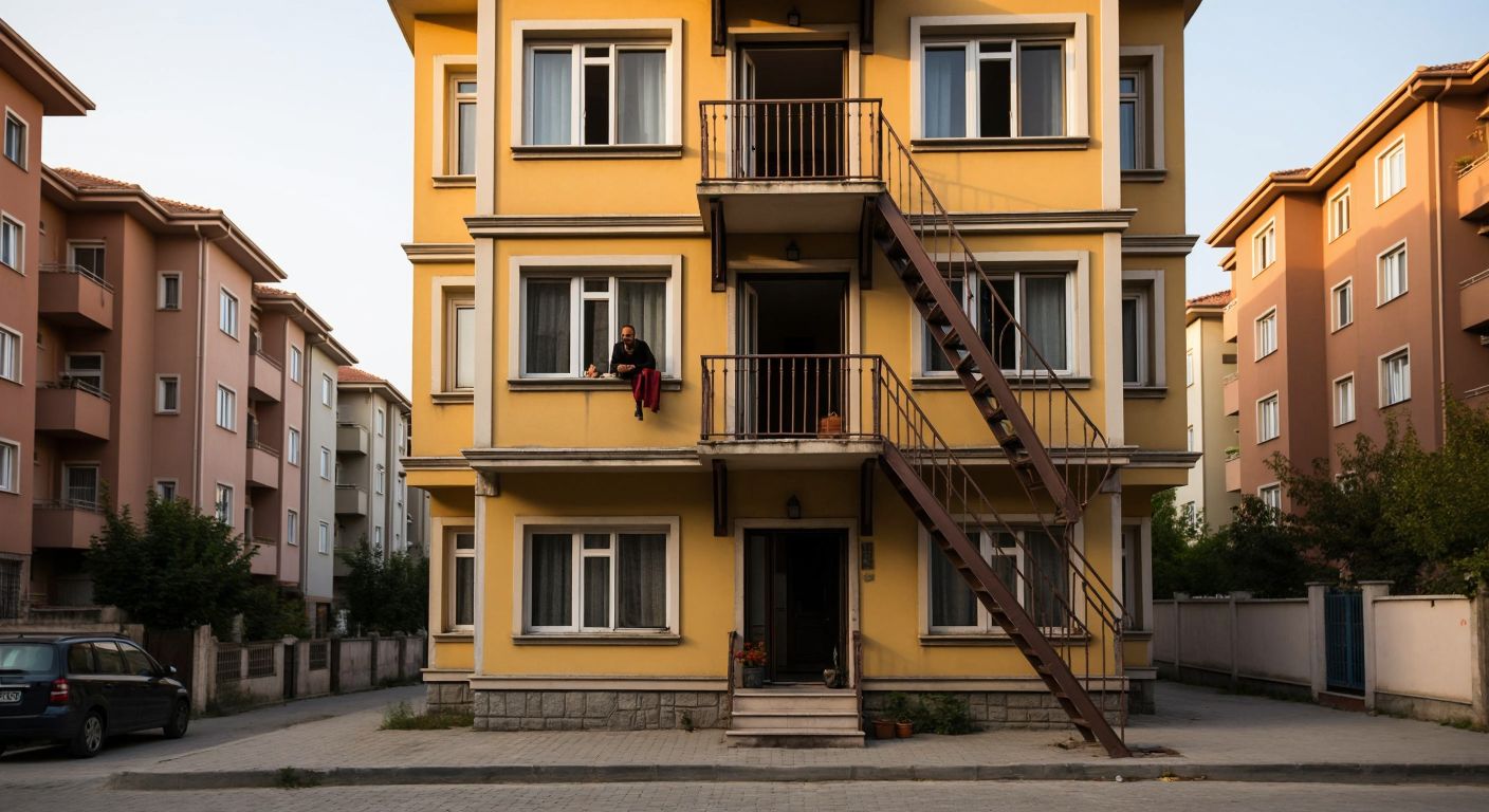 A sturdy metal fire escape ladder extending down the side of a multi-story apartment building in Turkey, stopping just above a cobblestone street, with a concerned resident peering out from a window nearby.