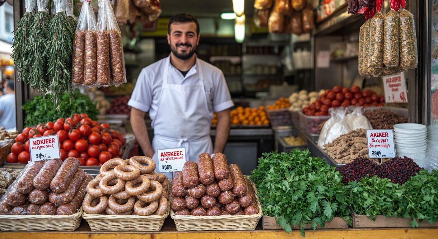 A bustling Turkish market stall displays two packages of kokoreç—one labeled Akşeker with coiled rings and another labeled Şampiyon in a practical wrapper—amid fresh herbs and spices, with a vendor in a white apron smiling behind the counter.