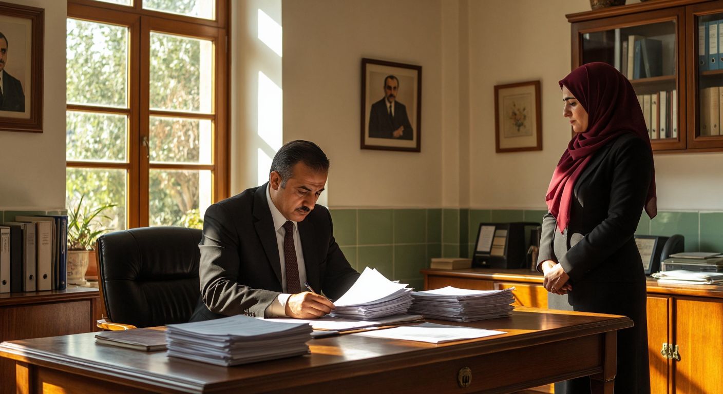 A solemn Turkish school principal in a formal suit reviews a stack of papers at a wooden desk in a sunlit office, while a respectful teacher in modest attire waits patiently nearby.