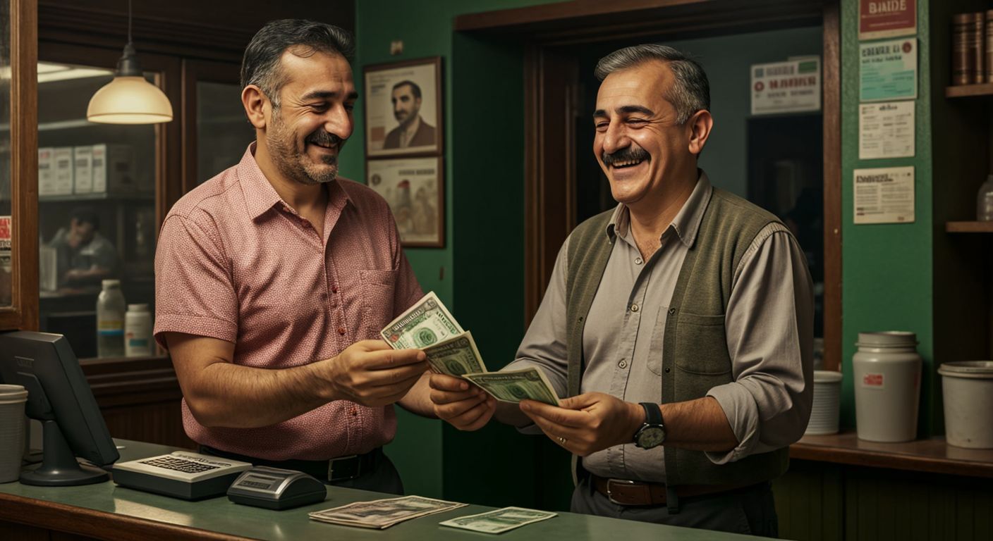 A relieved middle-aged Turkish man in a casual shirt hands a stack of lira banknotes to a smiling bank teller behind a counter, symbolizing the repayment of debt.