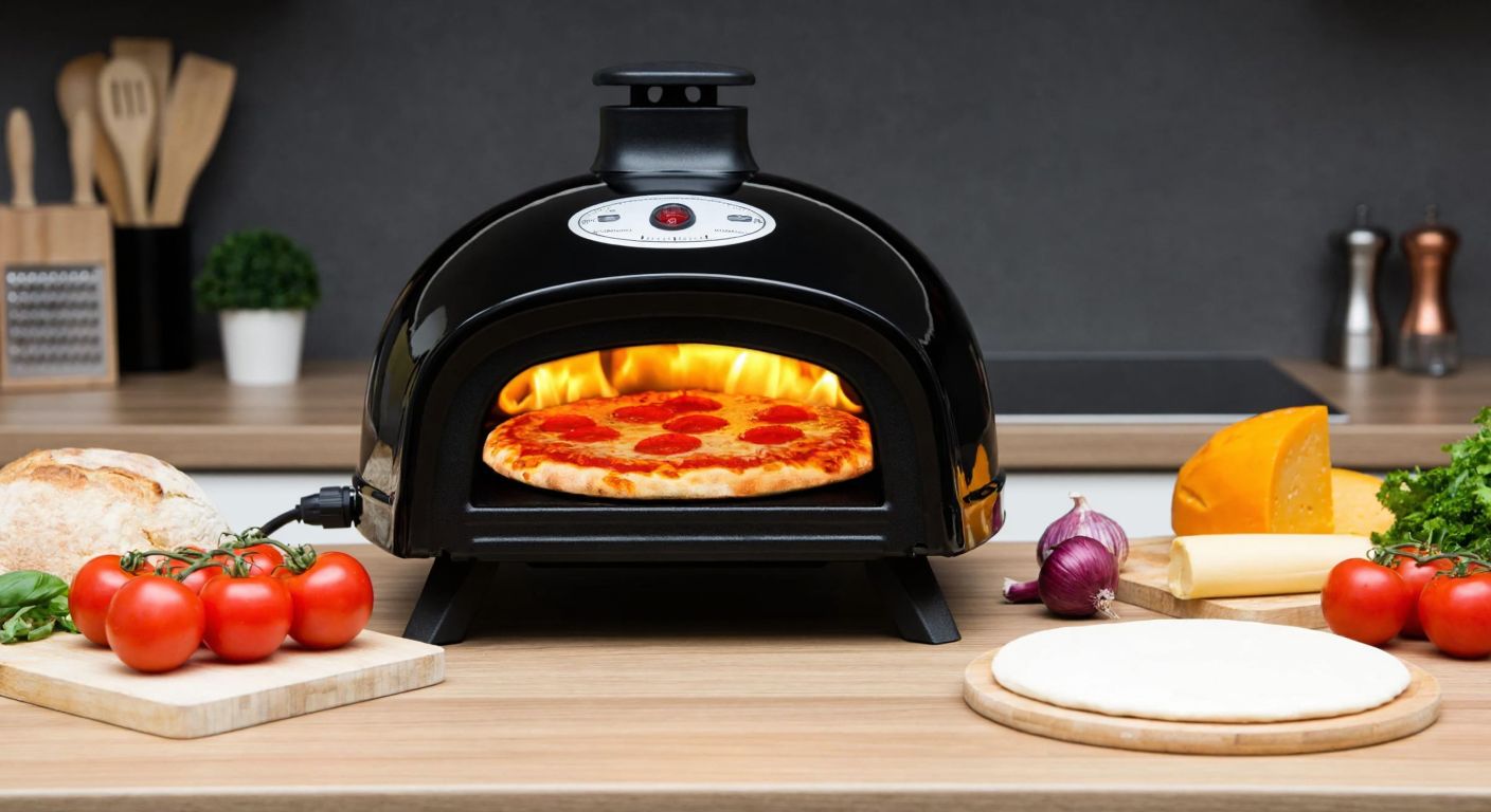 A Gourmia pizza oven glowing orange with intense heat, surrounded by fresh ingredients like dough, tomatoes, and cheese on a wooden counter in a Turkish kitchen.