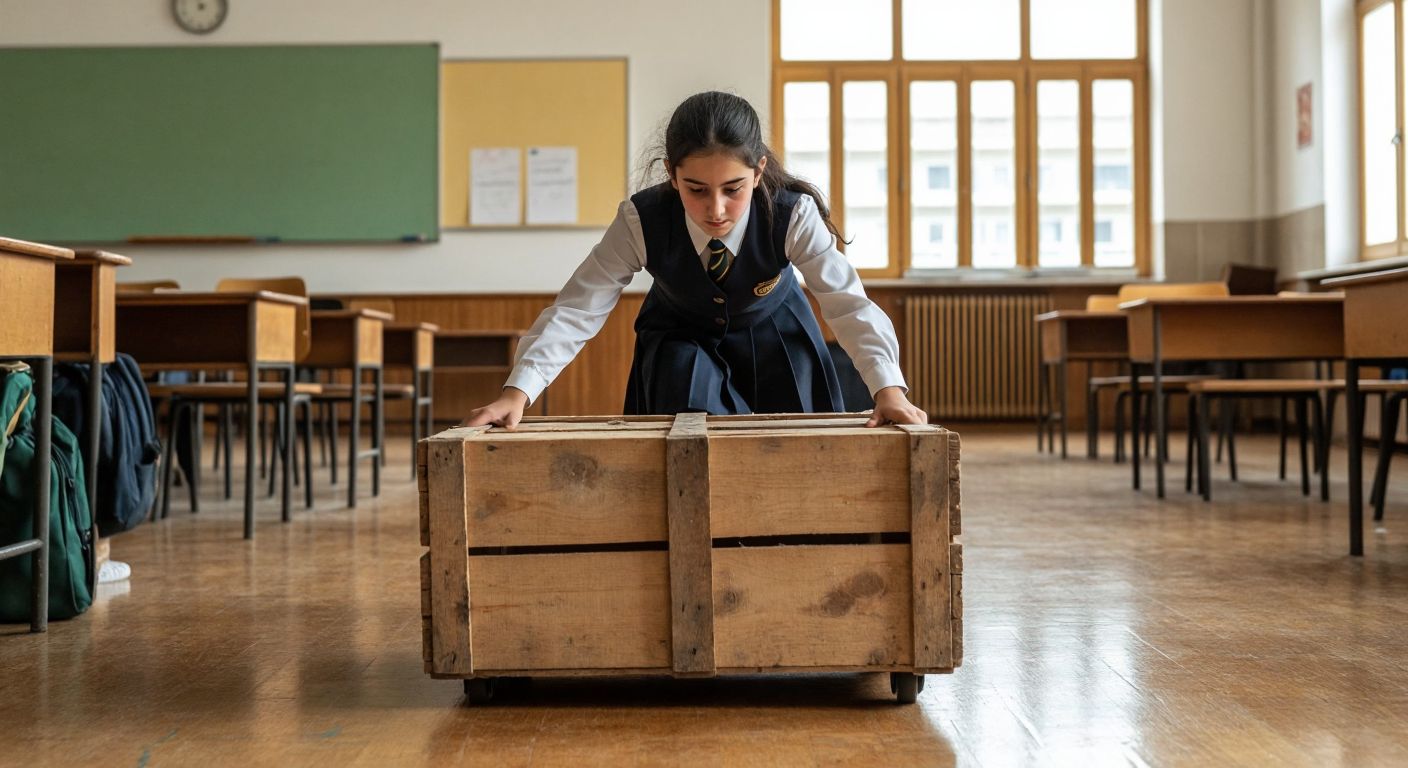 A Turkish student in a classroom, wearing a school uniform, pushes a heavy wooden crate across the floor with visible effort, illustrating the concept of work being done when force moves an object.