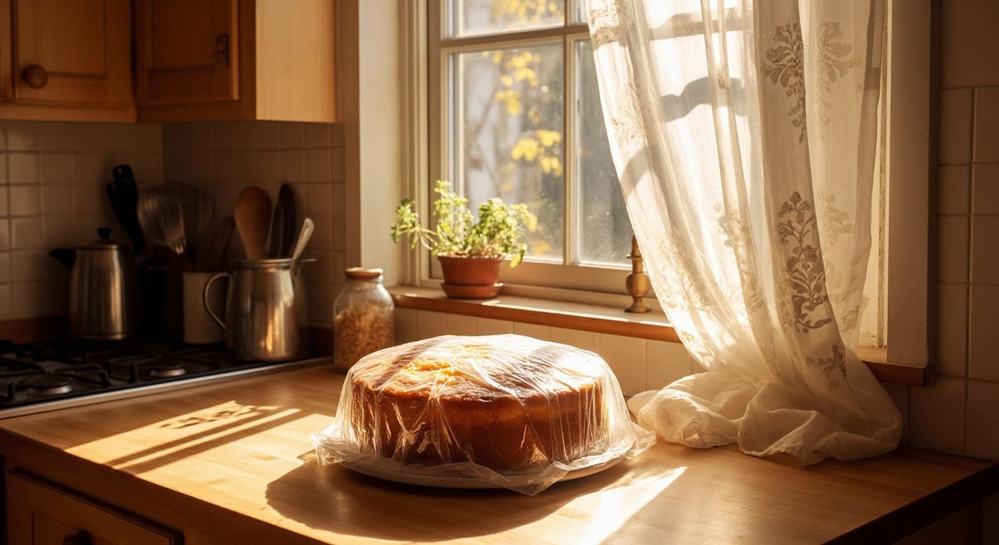 A golden-brown cake wrapped tightly in clear plastic film, sitting on a wooden kitchen counter in a cozy Turkish home, with warm sunlight streaming through lace curtains.