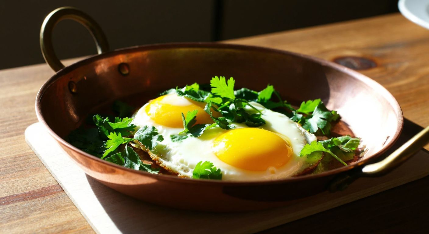 A sizzling copper pan with a perfectly fried golden-yolked chicken egg, garnished with fresh parsley, resting on a rustic wooden table in a sunlit Turkish kitchen.