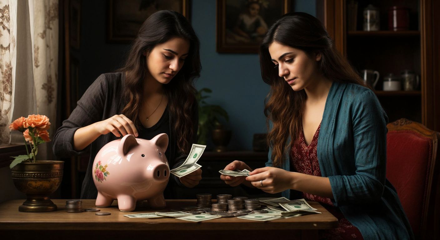 A Turkish woman in a cozy home setting thoughtfully places coins into a ceramic piggy bank for savings, while nearby, another woman casually withdraws cash from a sleek wallet for daily expenses.
