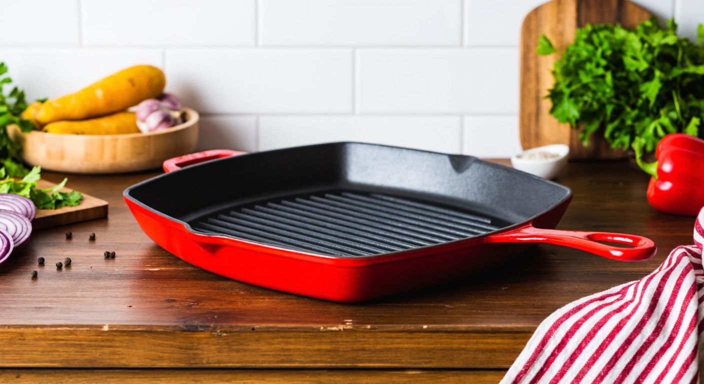 A sturdy red cast-iron square grill pan sits on a rustic wooden table in a Turkish kitchen, surrounded by fresh vegetables and herbs.