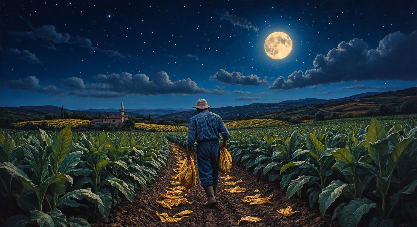 A Turkish farmer in a moonlit tobacco field, gently snapping brittle tobacco leaves under a starry sky, with a cool breeze rustling the plants.