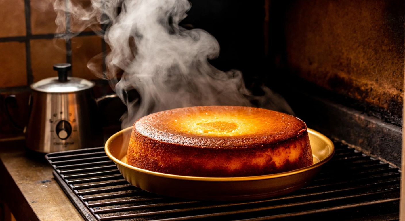 A warm, golden-brown cake rising in a traditional Turkish oven, with steam curling from its edges and a kitchen timer nearby.
