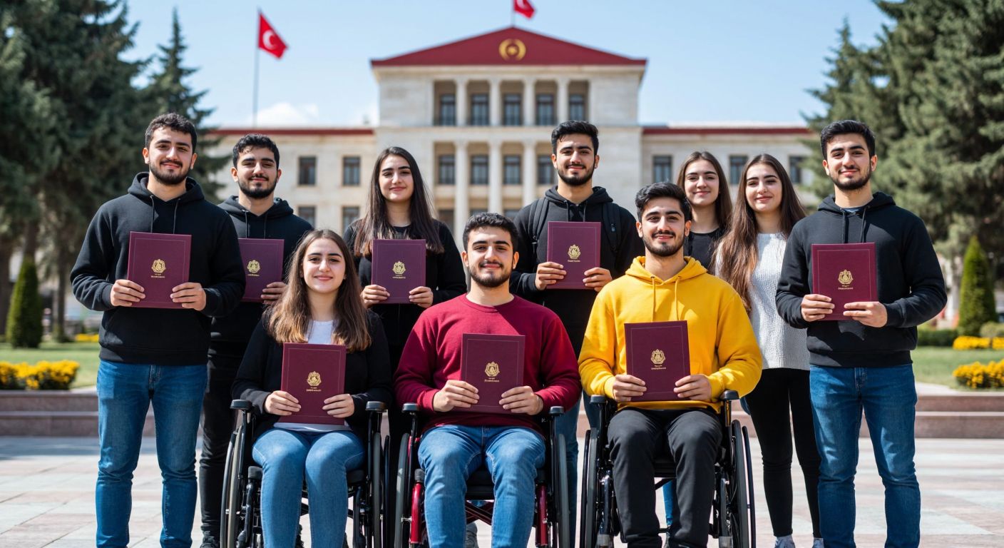A diverse group of determined young adults in Turkey, some with visible disabilities, holding diplomas and standing proudly in front of a government building, symbolizing eligibility for the EKPSS exam.