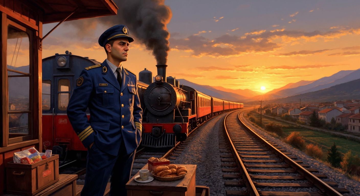 A weary but determined Turkish train driver in a navy-blue uniform stands beside a steaming locomotive at sunset, gazing at the tracks stretching toward distant mountains, with a packed lunchbox of *simit* and *ayran* resting on the engine’s ledge.