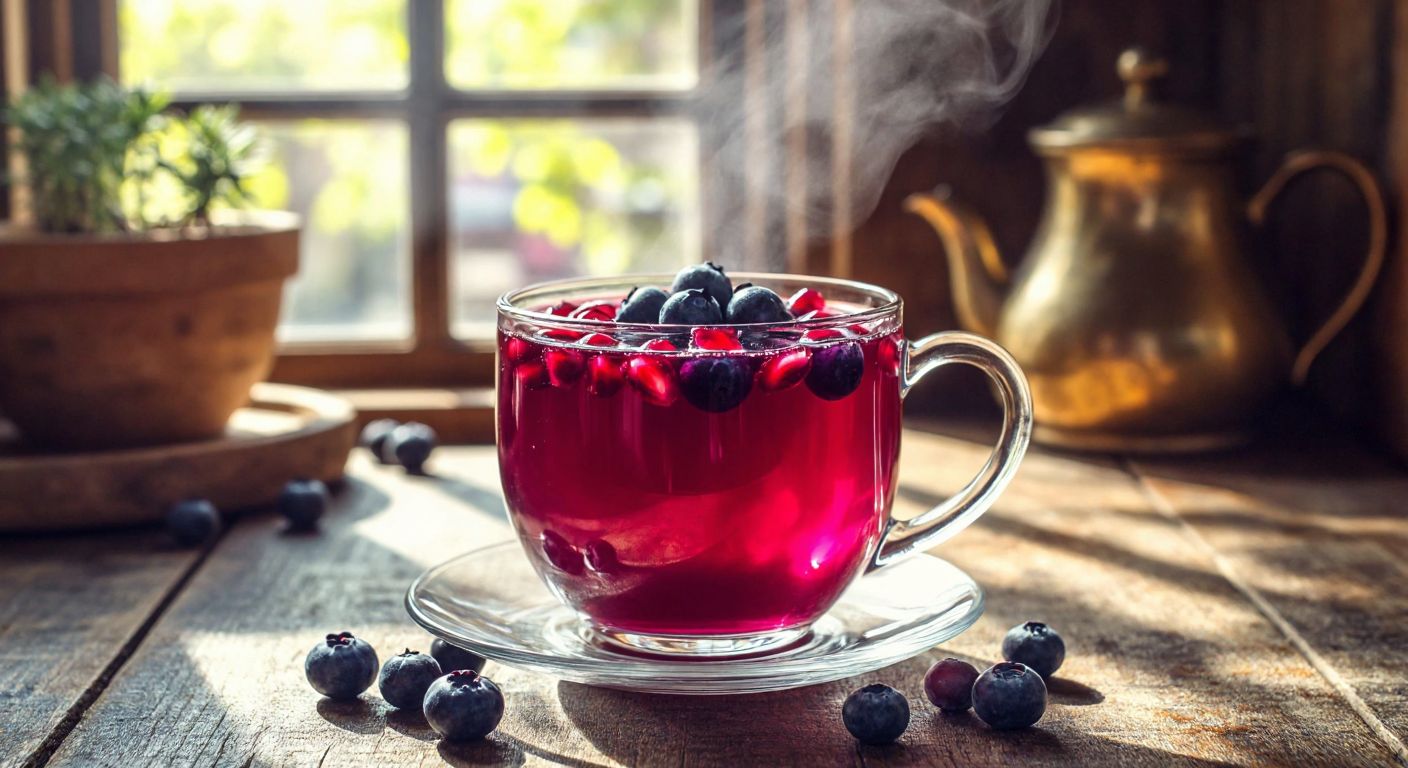 A steaming glass cup of vibrant red and purple herbal tea with fresh pomegranate seeds and blueberries floating on top, set on a rustic wooden table in a cozy Turkish kitchen with sunlight streaming through the window.