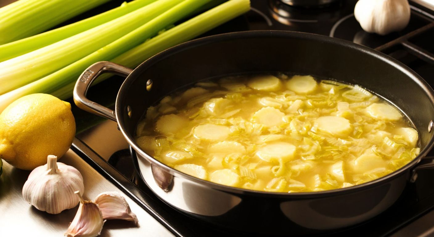A steaming pot of olive oil-braised celery root sits on a stovetop, surrounded by fresh celery stalks, garlic cloves, and lemons, with a warm golden light reflecting off the dish.