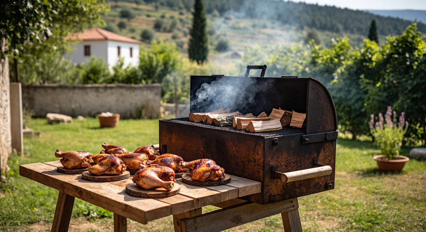 A rustic outdoor smoker with chunks of oak, beech, and fruitwood beside plump chicken pieces, set against a backdrop of a Turkish countryside garden.