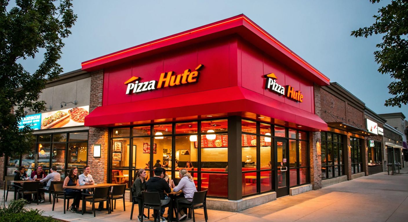 A vibrant Pizza Hut restaurant with a bright red roof, nestled among other buildings, standing out distinctly as families and friends gather inside, laughing and sharing steaming pizzas under warm lighting.