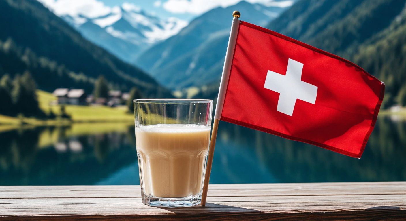 A Swiss flag waving beside a glass of baby formula on a wooden table, with the Nestlé logo subtly reflected in the glass.