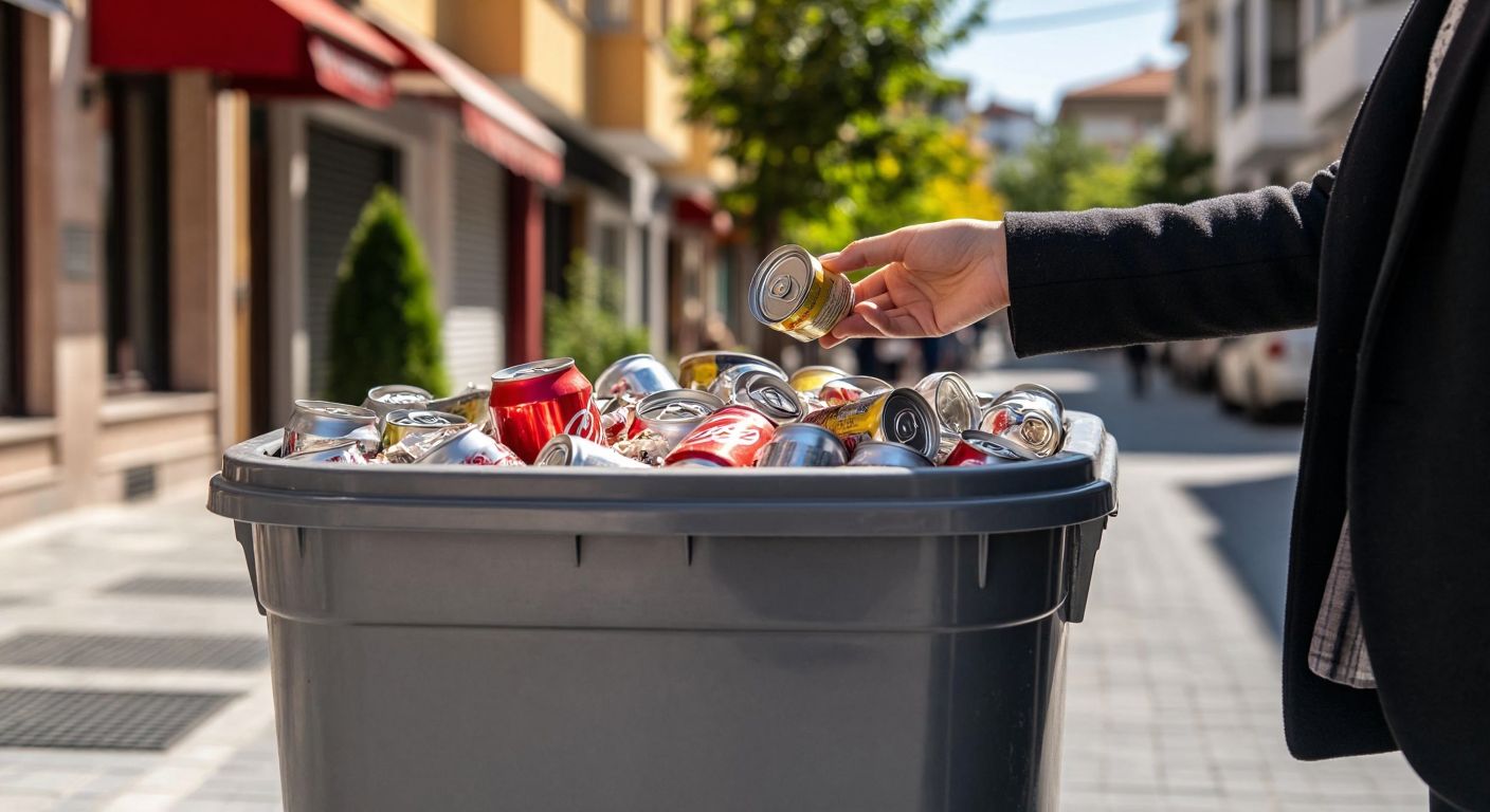 A shiny gray recycling bin in a sunny Turkish street, filled with crumpled soda cans and metal lids, while a hand drops a small tin can inside.