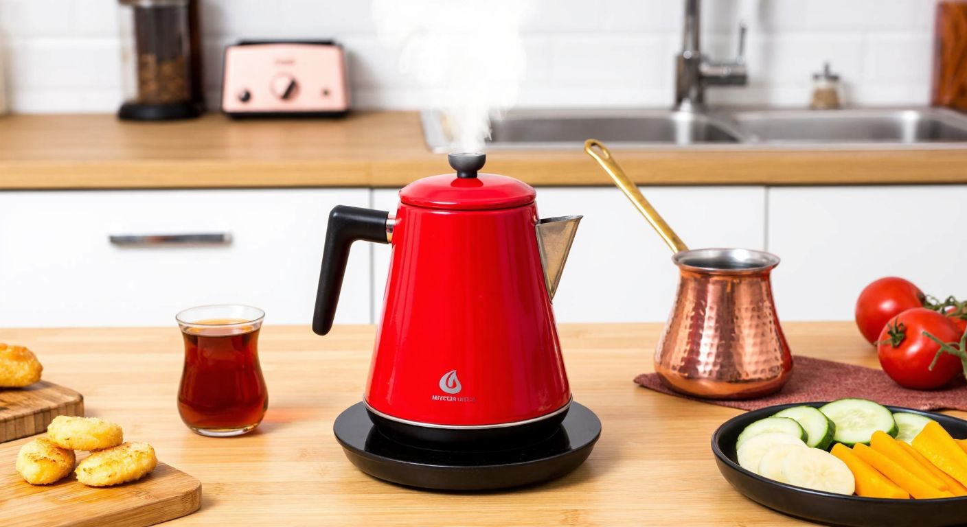 A compact red mini kettle steams on a wooden kitchen counter in Turkey, surrounded by a small glass of freshly brewed çay, a copper cezve for coffee, and a bowl of peeled vegetables ready for cooking.