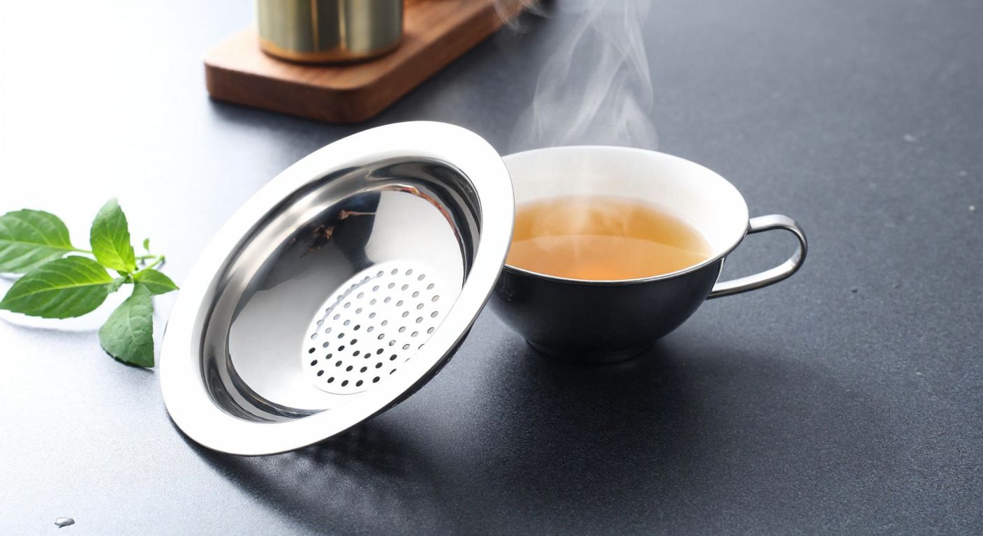 A stainless steel kitchen strainer with a wide 120mm diameter, resting on a countertop beside a steaming cup of herbal tea, with sunlight reflecting off its polished surface.