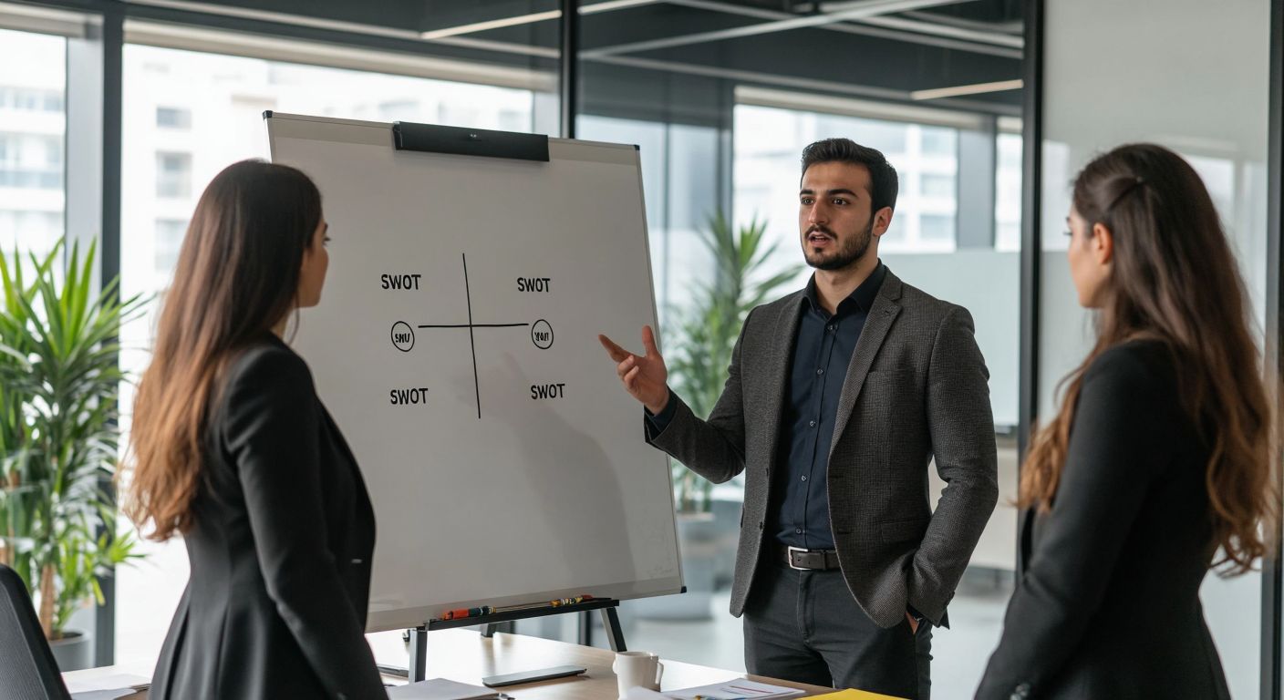 A focused Turkish business professional in a modern office, gesturing toward a whiteboard divided into four quadrants labeled with SWOT categories, surrounded by colleagues nodding in understanding.