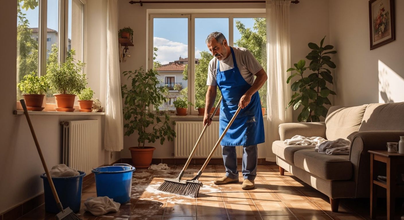 A middle-aged Turkish man in a blue apron vigorously sweeps a tiled floor in a sunlit living room, with a bucket and mop nearby, potted plants on a windowsill, and a neatly stacked pile of folded linens on a couch.