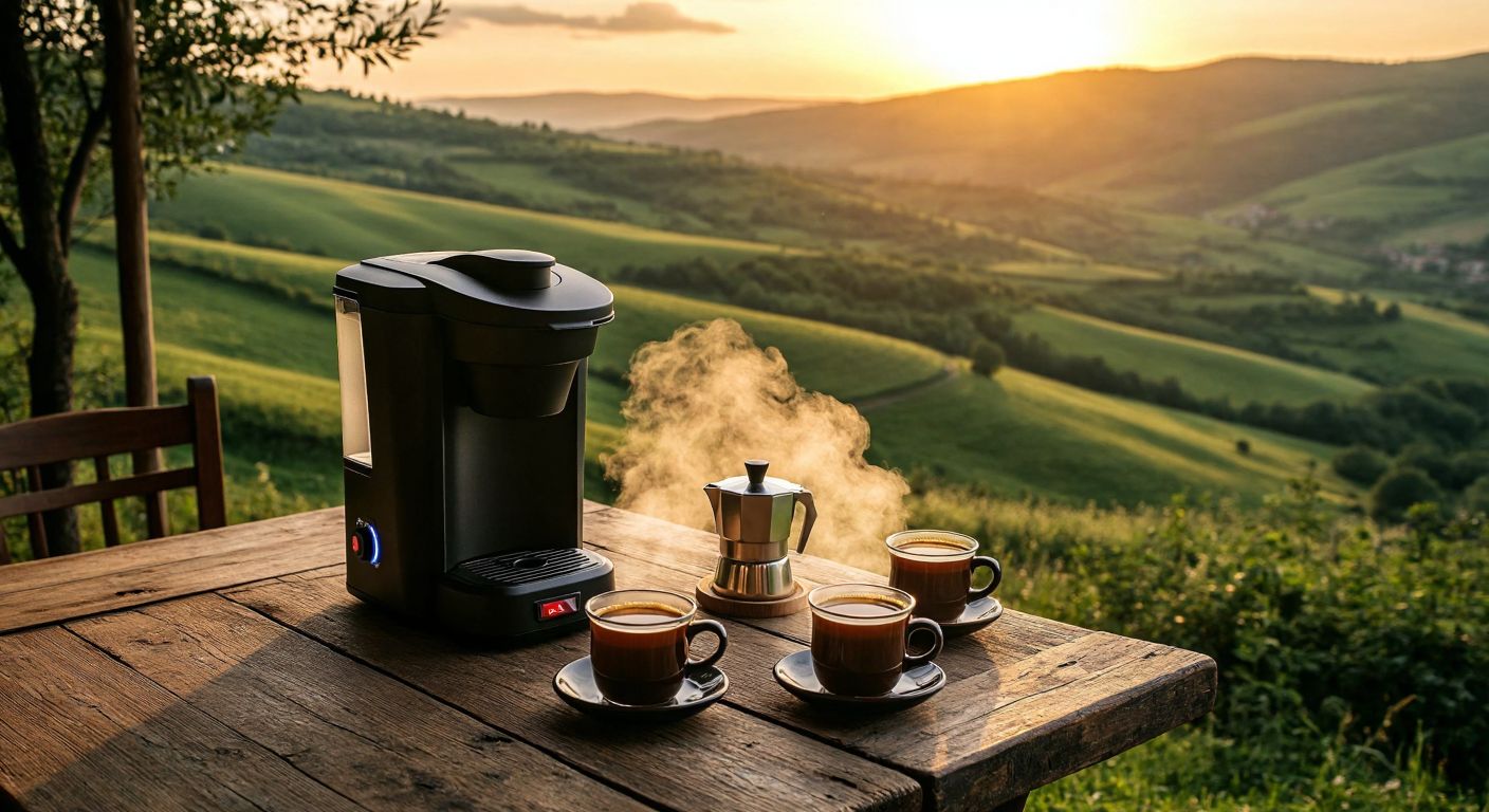 A compact 12V coffee maker sits on a rustic wooden table in a cozy Turkish café, surrounded by small cups of freshly brewed coffee, steam rising from their dark surfaces, with a backdrop of rolling green hills and a warm sunrise.