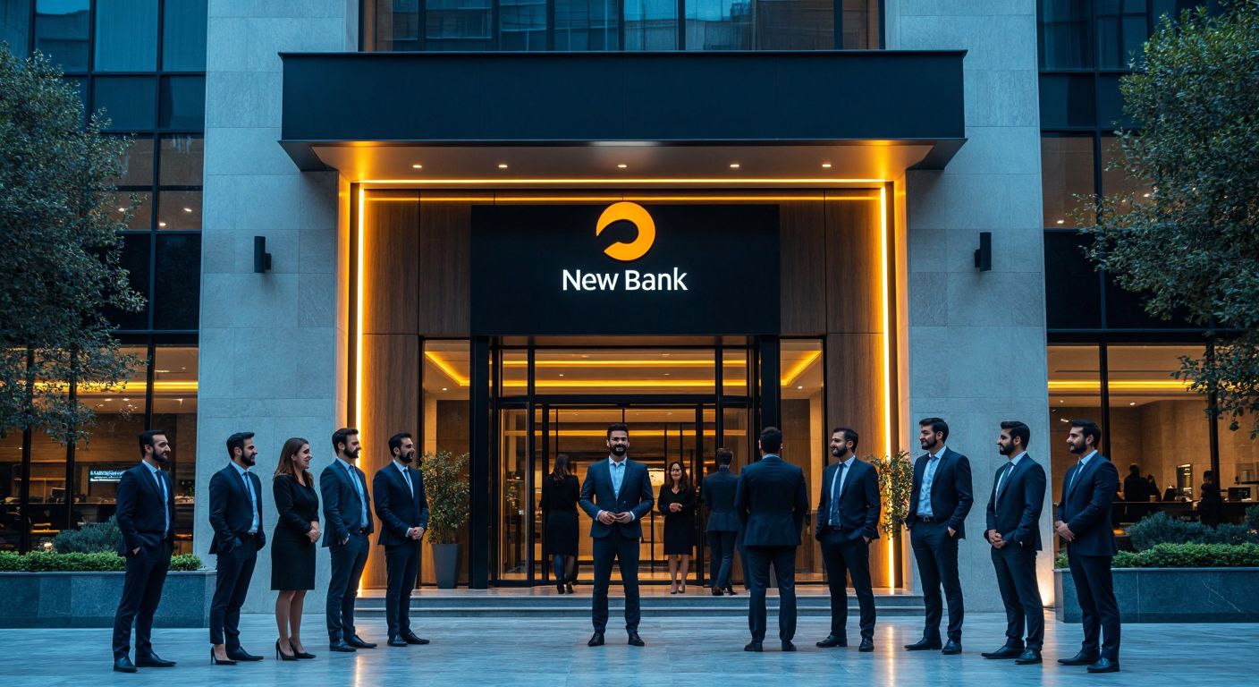 A sleek, modern bank building in Istanbul with a glowing new logo above its entrance, surrounded by confident businesspeople in suits and satisfied customers, symbolizing renewal and trust after economic challenges.