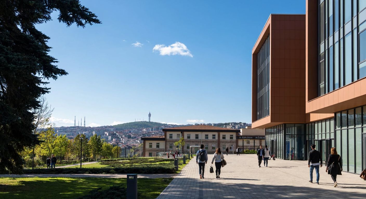 A sunny day at Marmara University's Kartal Campus, with students walking past modern academic buildings under a blue sky, framed by Istanbul's distant hills.