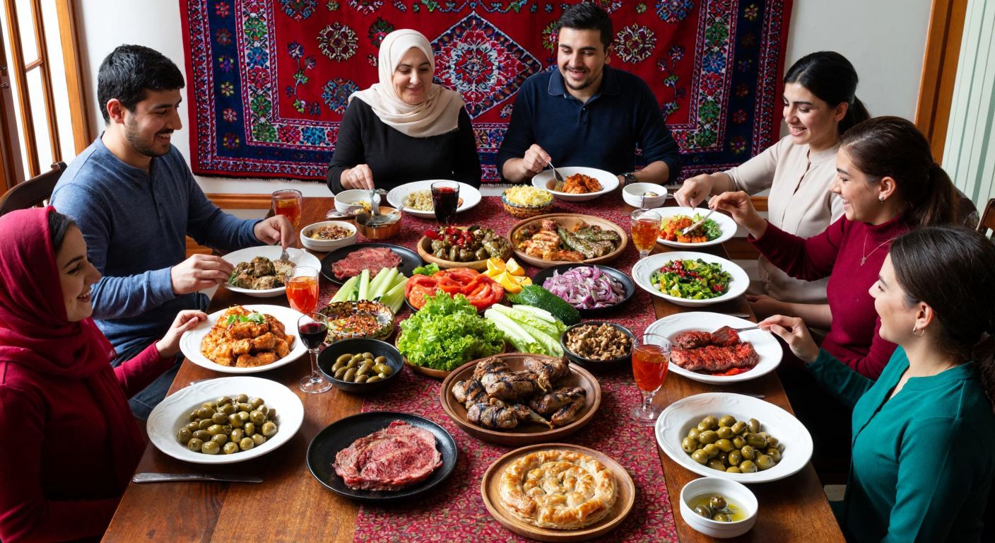 A vibrant Turkish dining table laden with diverse dishes—grilled meats, fresh vegetables, olives, and baklava—surrounded by smiling people of different ages sharing food, set against a backdrop of a traditional Anatolian home with embroidered textiles.