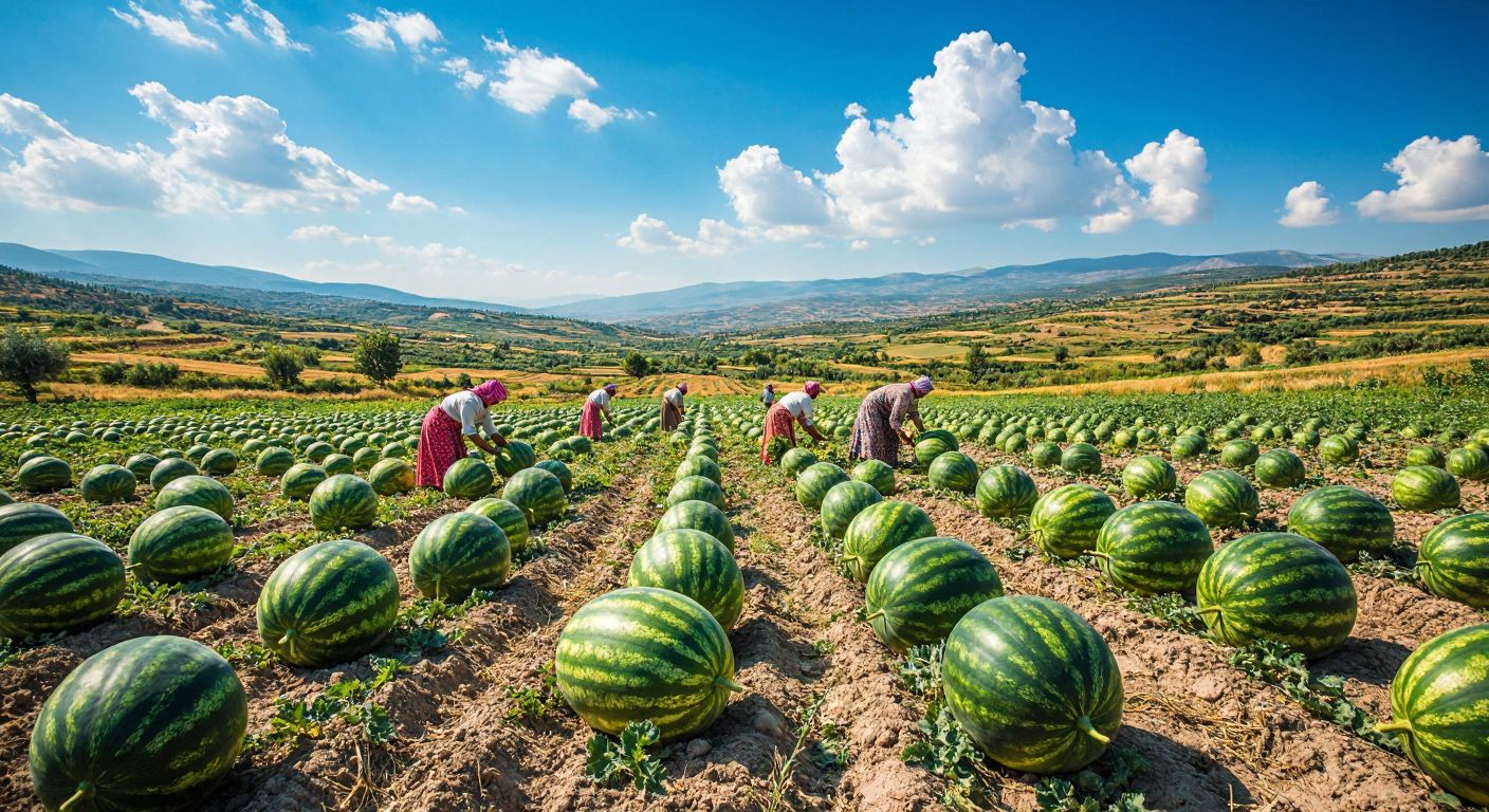 A sunlit Turkish countryside with sprawling watermelon fields in Aydın, where farmers in traditional attire proudly harvest large, ripe watermelons under a bright blue sky.