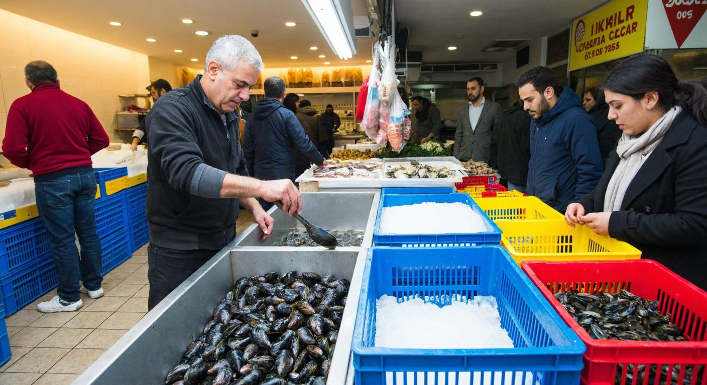 A bustling Turkish seafood market with a vendor scooping fresh mussels into a frost-covered freezer, surrounded by colorful crates of seafood and customers examining the frozen goods with curiosity.