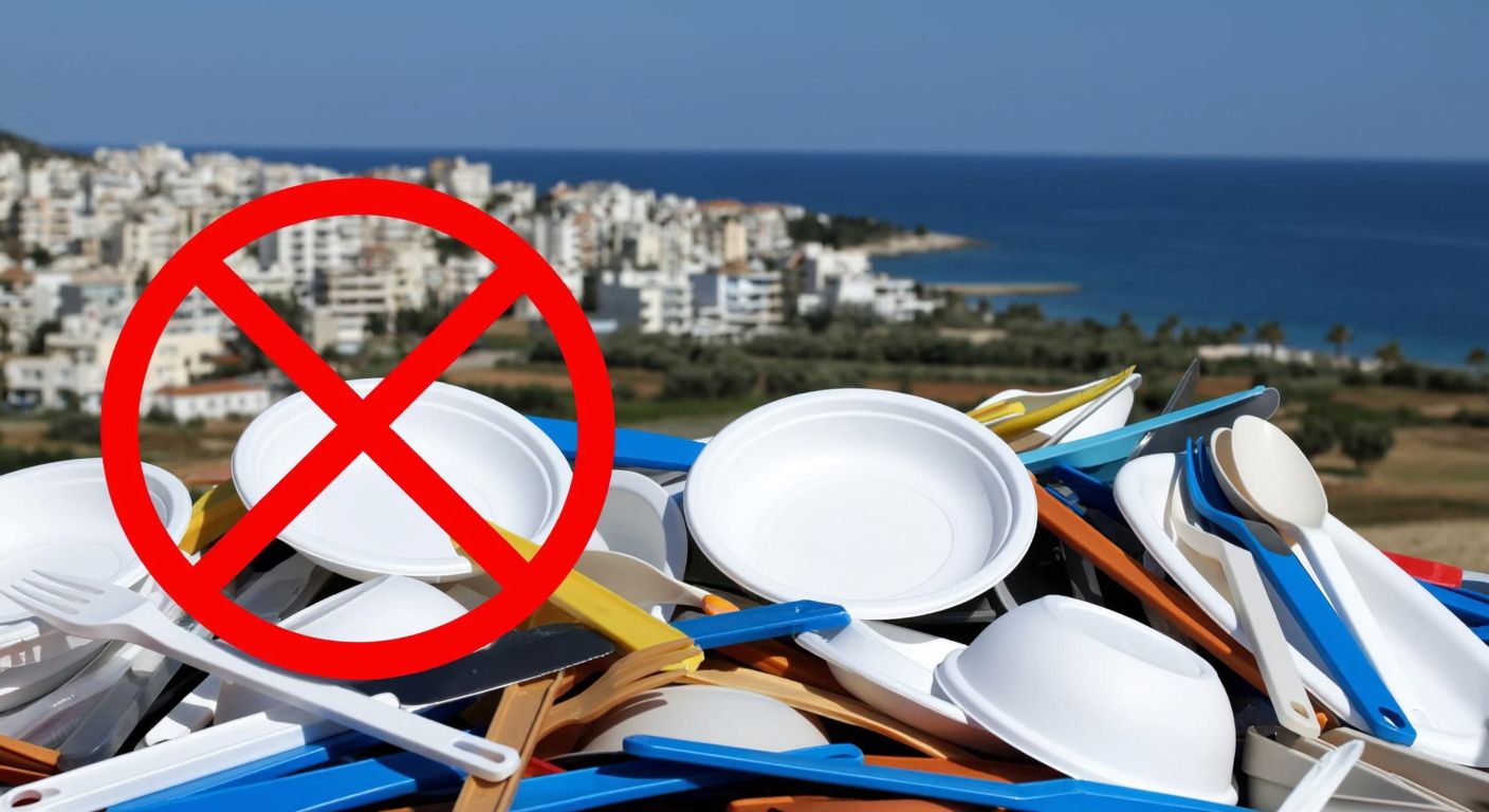 A pile of single-use plastic cutlery and plates with a red prohibition sign over them, set against a backdrop of a Mediterranean coastal town in Northern Cyprus.