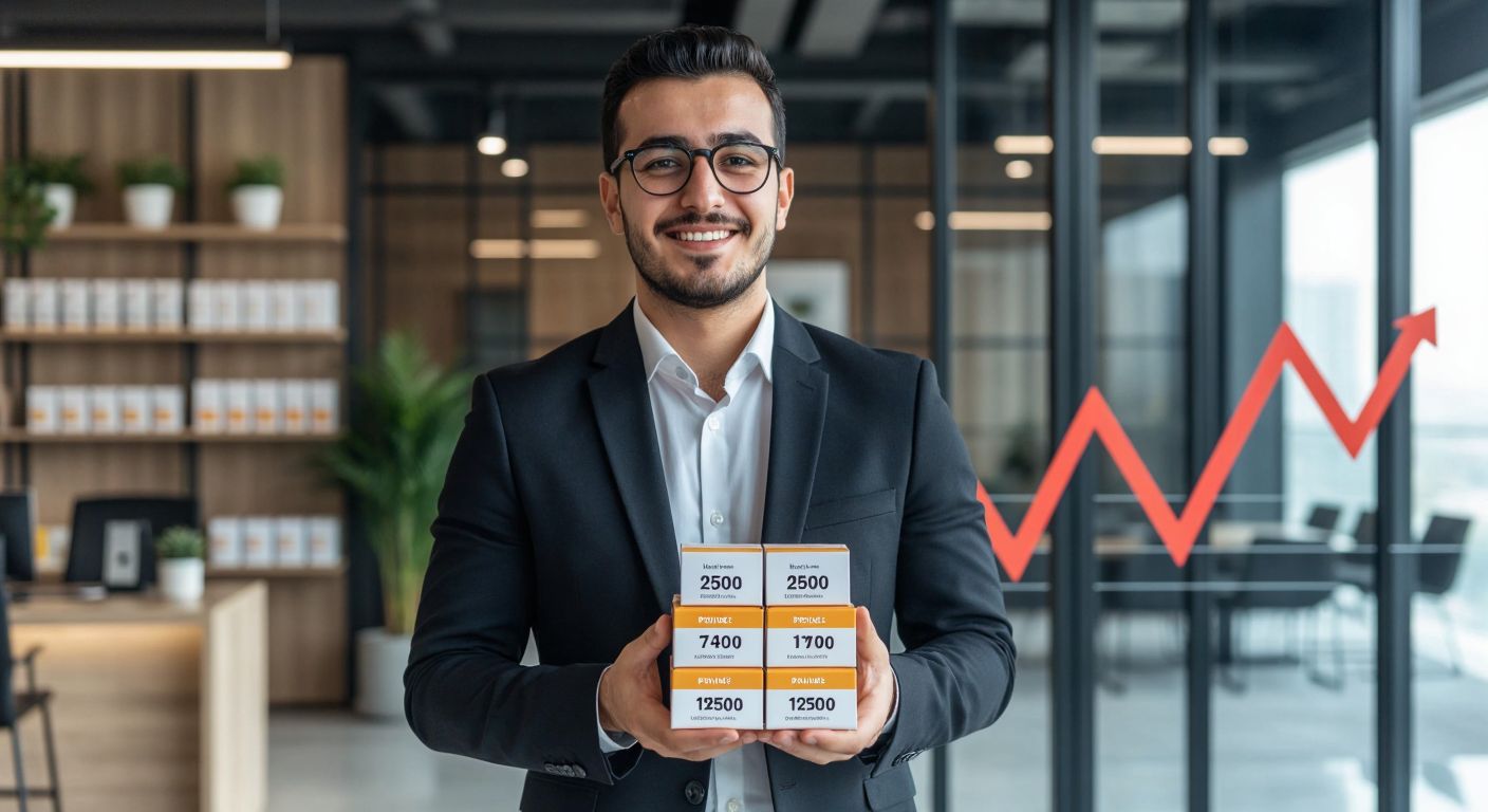 A determined Turkish businessperson in a modern office setting holds a stack of product packages labeled with point values, smiling confidently while a progress chart rises toward a "2500 PV" milestone in the background.