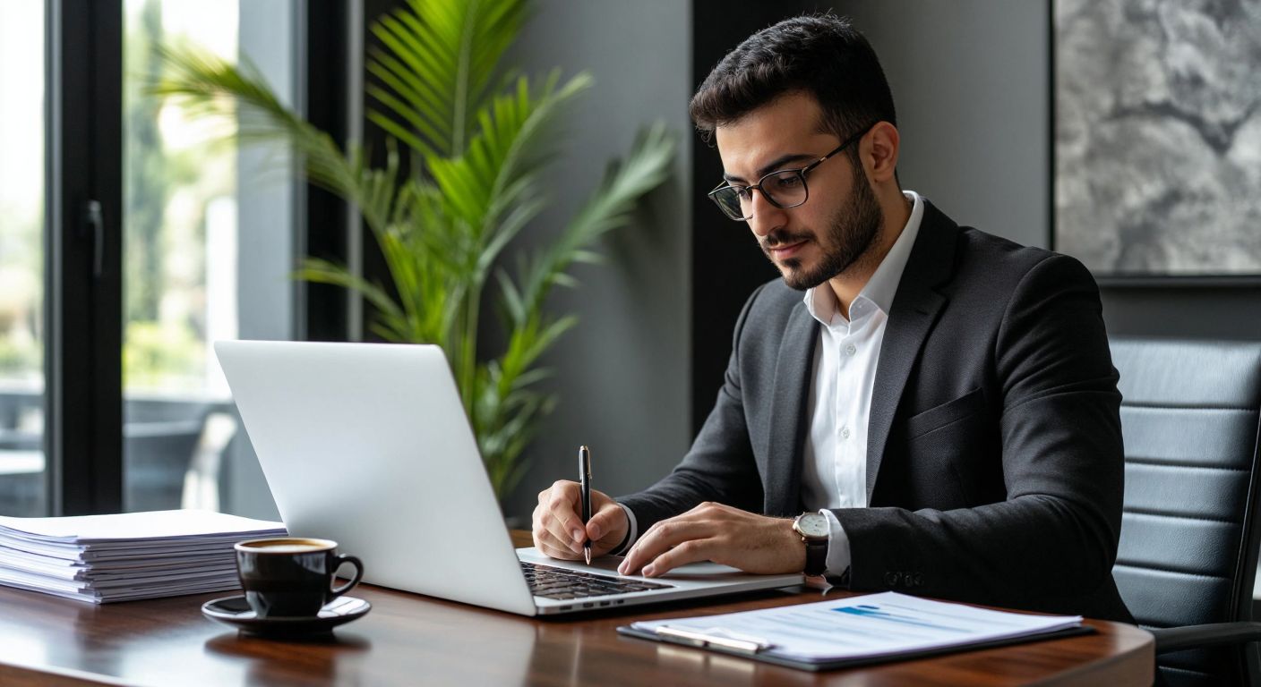 A Turkish businessperson in a modern office, confidently filling out an online form on a laptop, with a cup of Turkish coffee and a stack of company documents nearby.