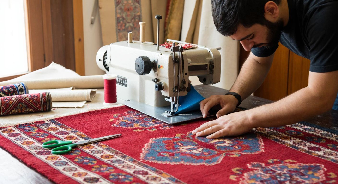 A skilled artisan in a traditional Turkish workshop carefully guides a vibrant, patterned carpet through an overlock machine, with neatly arranged tools like scissors, thread, and a ruler nearby.